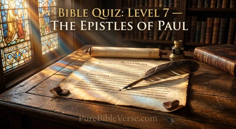 Bible Quiz Level 7 The Epistles of Paul Featured Image with ancient parchment and quill at PureBibleVerse.com