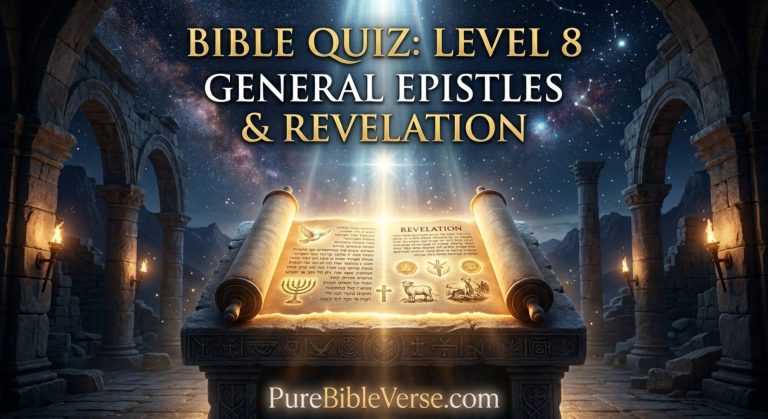 Bible Quiz Level 8 General Epistles and Revelation Featured Image with glowing prophetic scroll at PureBibleVerse.com