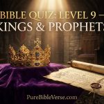 Bible Quiz Level 9 Kings and Prophets Featured Image with ancient golden crown and scroll at PureBibleVerse.com